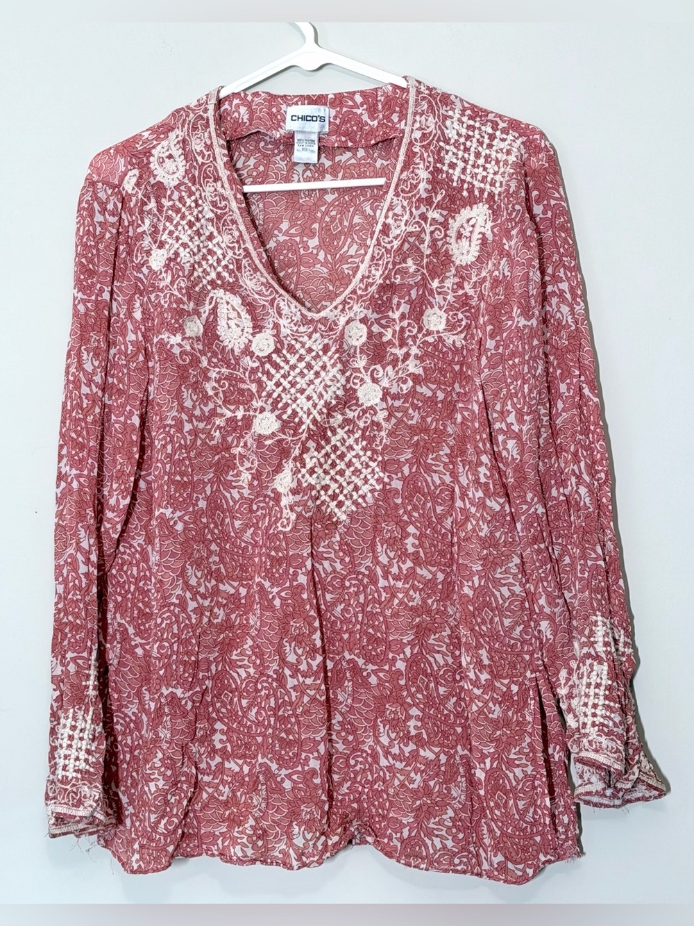 Chico’s Coral Paisley Embroidered Bell Sleeve Tunic Blouse Size 1